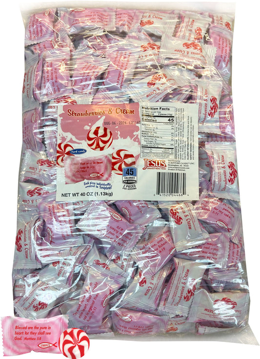Scripture Candy Strawberries & Cream Hard Candy 2.5lb Bag, 180 Pieces