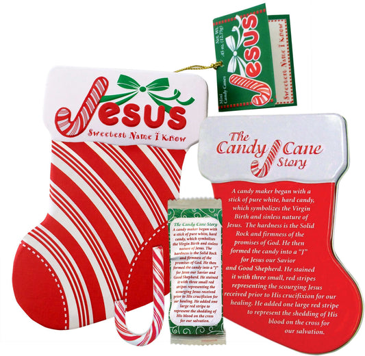 Scripture Candy Jesus Candy Cane Stocking Ornament Tin