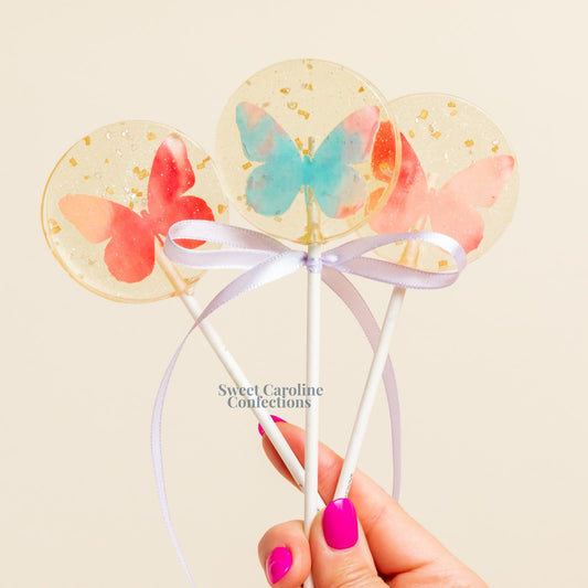 Sweet Caroline Confections Butterfly Spring Lollipops, Guava, 10/Case- VEGAN