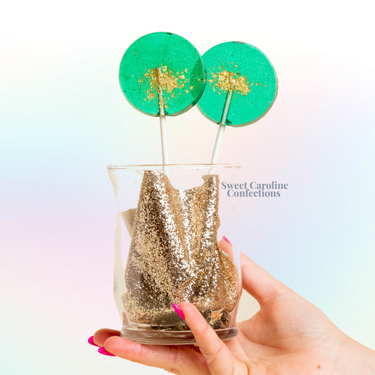 Sweet Caroline Confections Teal and Gold Sparkle Lollipops, Green Apple, 10/Case -VEGAN