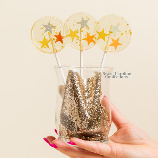 Sweet Caroline Confections Metallic Stars Lollipops, Champagne, 10/Case - VEGAN