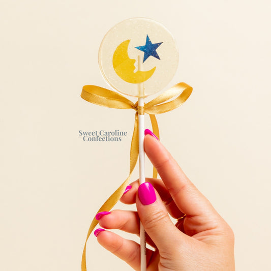 Sweet Caroline Confections Gold Moon & Blue Star Lollipops, Marshmallow, 10/Case -VEGAN