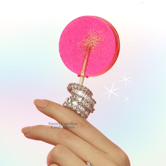 Sweet Caroline Confections Pink and Gold Lollipops, Watermelon Flavor, 10/Case-VEGAN