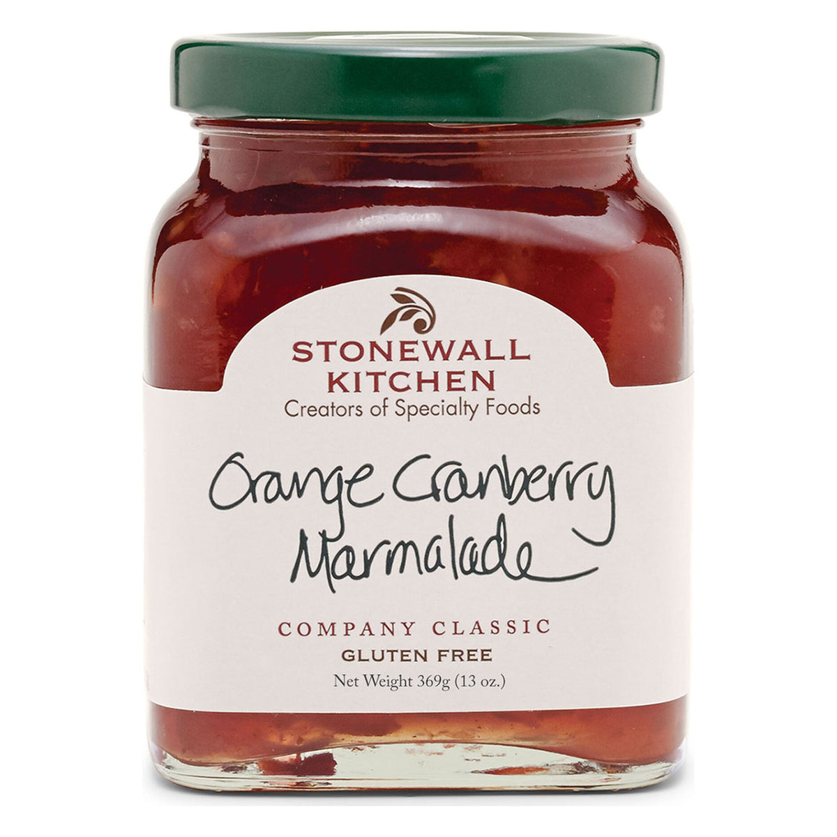 Stonewall Kitchen Orange Cranberry Marmalade 13 oz glass jar with green lid, current Company Classic label