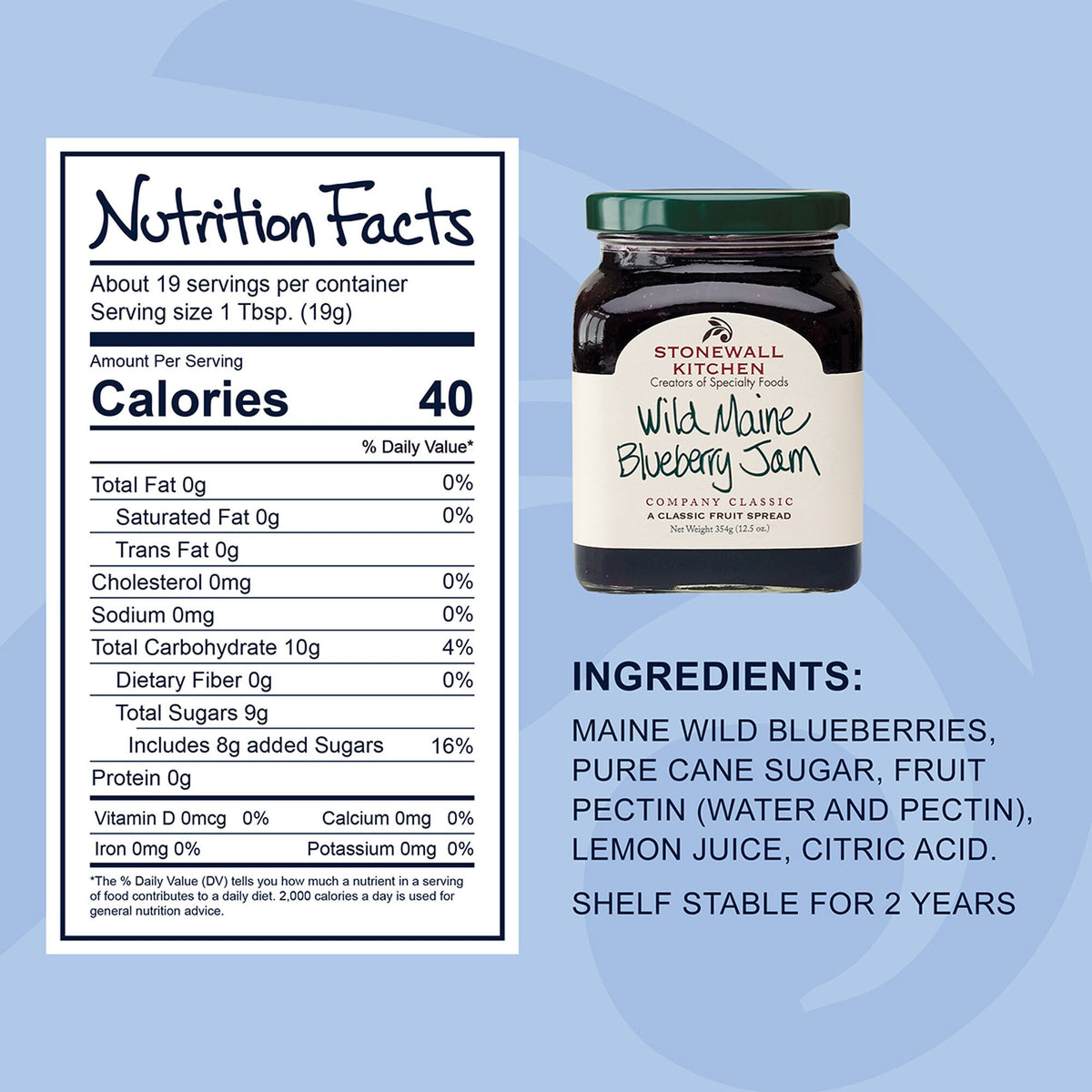 Stonewall Kitchen Wild Maine Blueberry Jam 12.5 oz jar shown with its Nutrition Facts panel and ingredient list