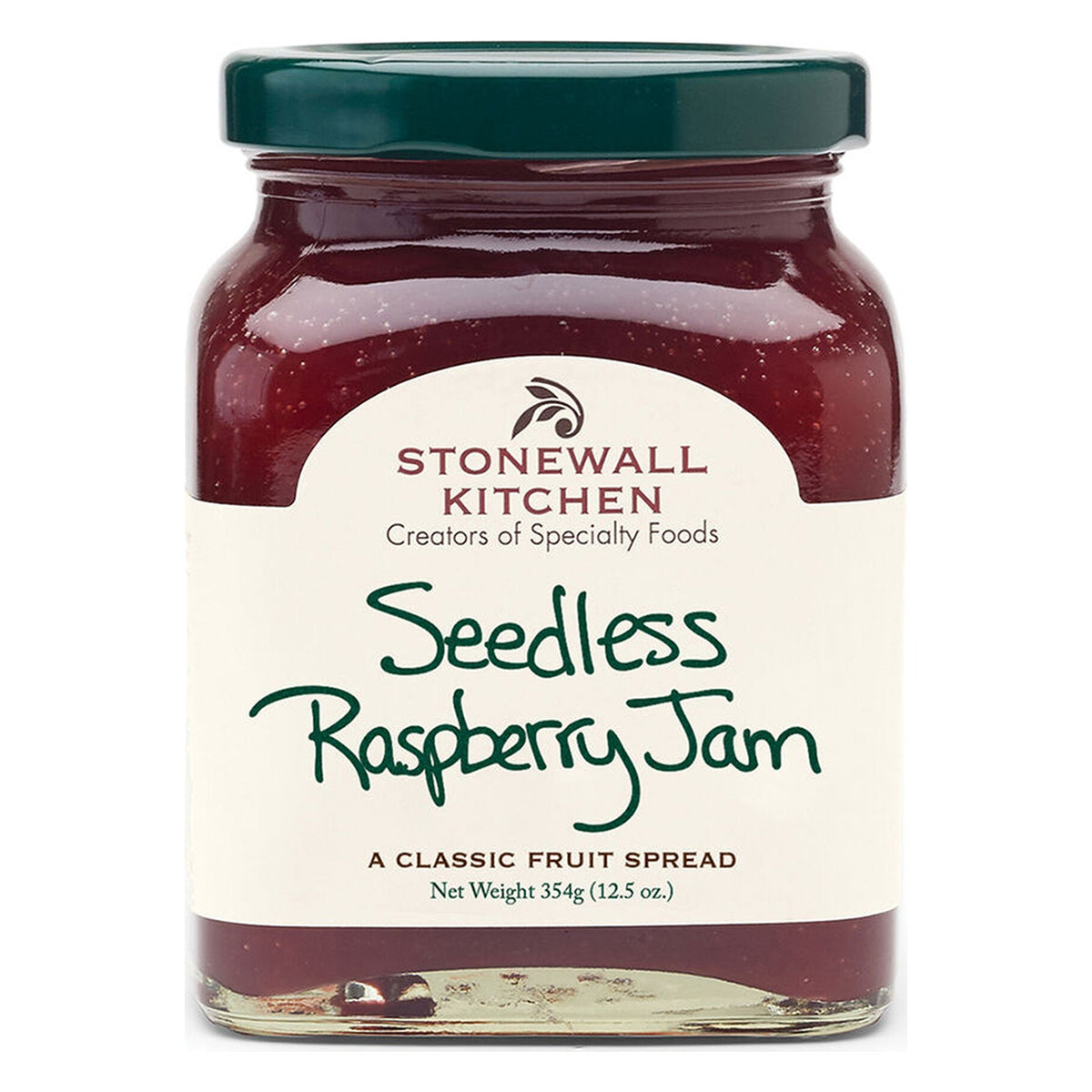 Front of a Stonewall Kitchen Seedless Raspberry Jam jar in the current label, 12.5 oz, bright red jam under a green lid