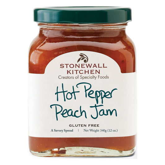 Stonewall Kitchen Hot Pepper Peach Jam 12 oz (340 g) jar with green lid, current front label reading A Savory Spread