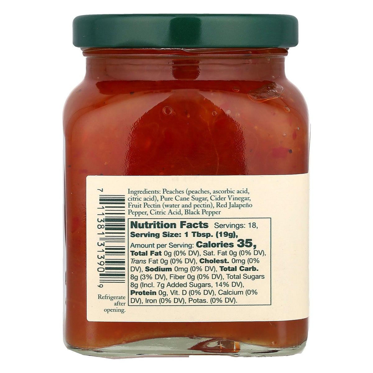 Back label of Stonewall Kitchen Hot Pepper Peach Jam with ingredients, Nutrition Facts (1 Tbsp serving, 35 calories) and barcode