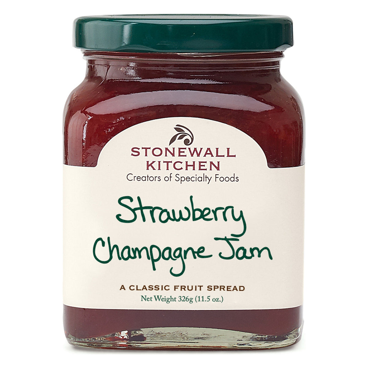 Front of a Stonewall Kitchen Strawberry Champagne Jam jar in the current 'A Classic Fruit Spread' label, 11.5 oz