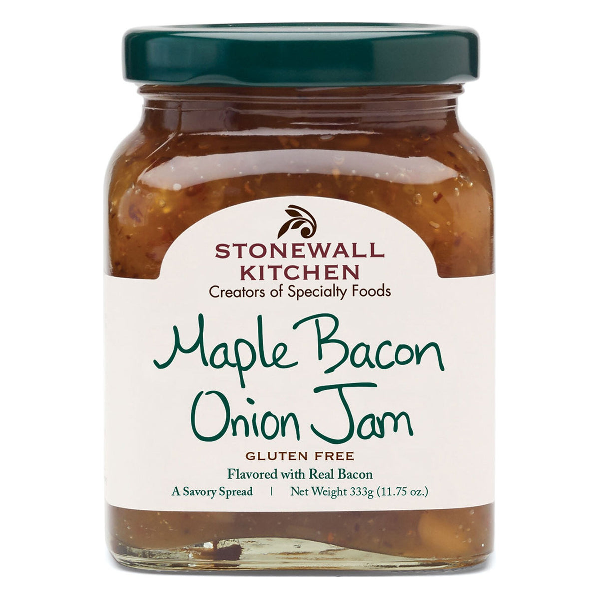 Stonewall Kitchen Maple Bacon Onion Jam 11.75 oz glass jar with green lid, current front label