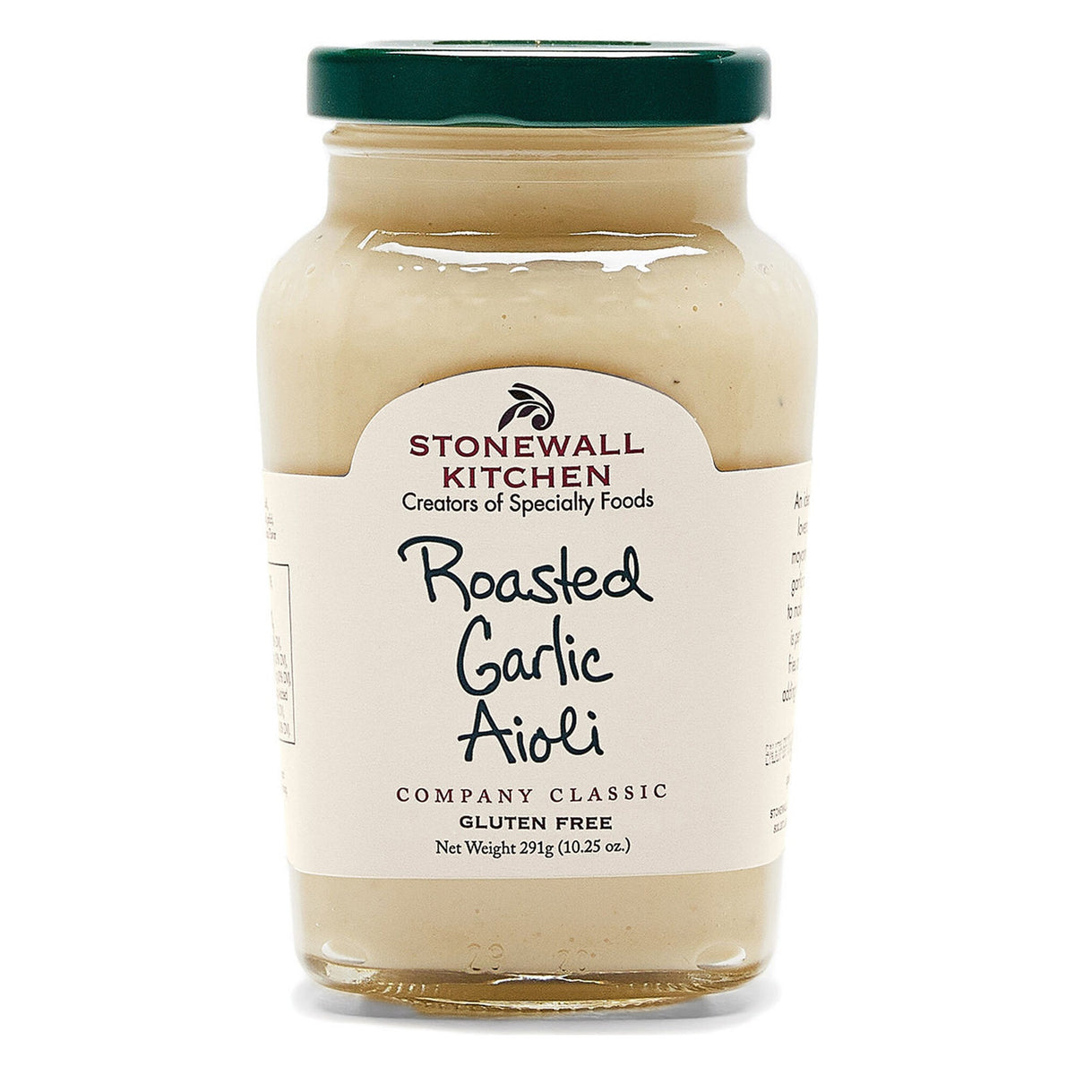 Stonewall Kitchen Roasted Garlic Aioli 10.25 oz glass jar with green lid, current Company Classic label