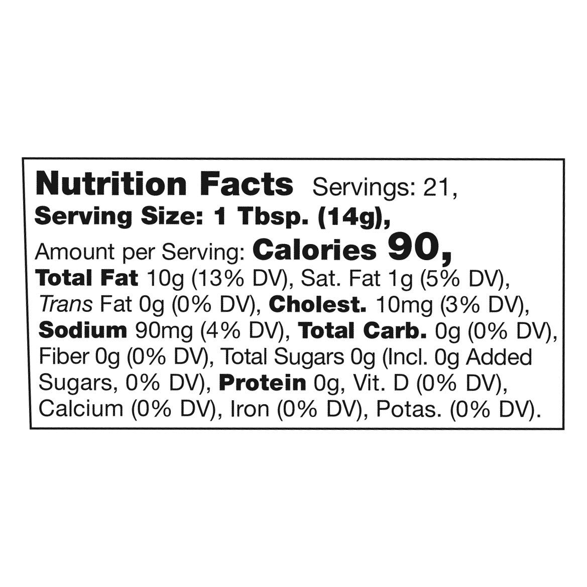 Nutrition Facts panel for Stonewall Kitchen Truffle Aioli: 21 servings, 1 Tbsp (14 g) serving size, 90 calories per serving