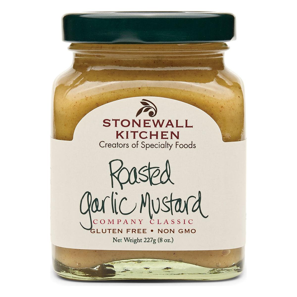 Stonewall Kitchen Roasted Garlic Mustard 8 oz glass jar with green lid, current Company Classic label
