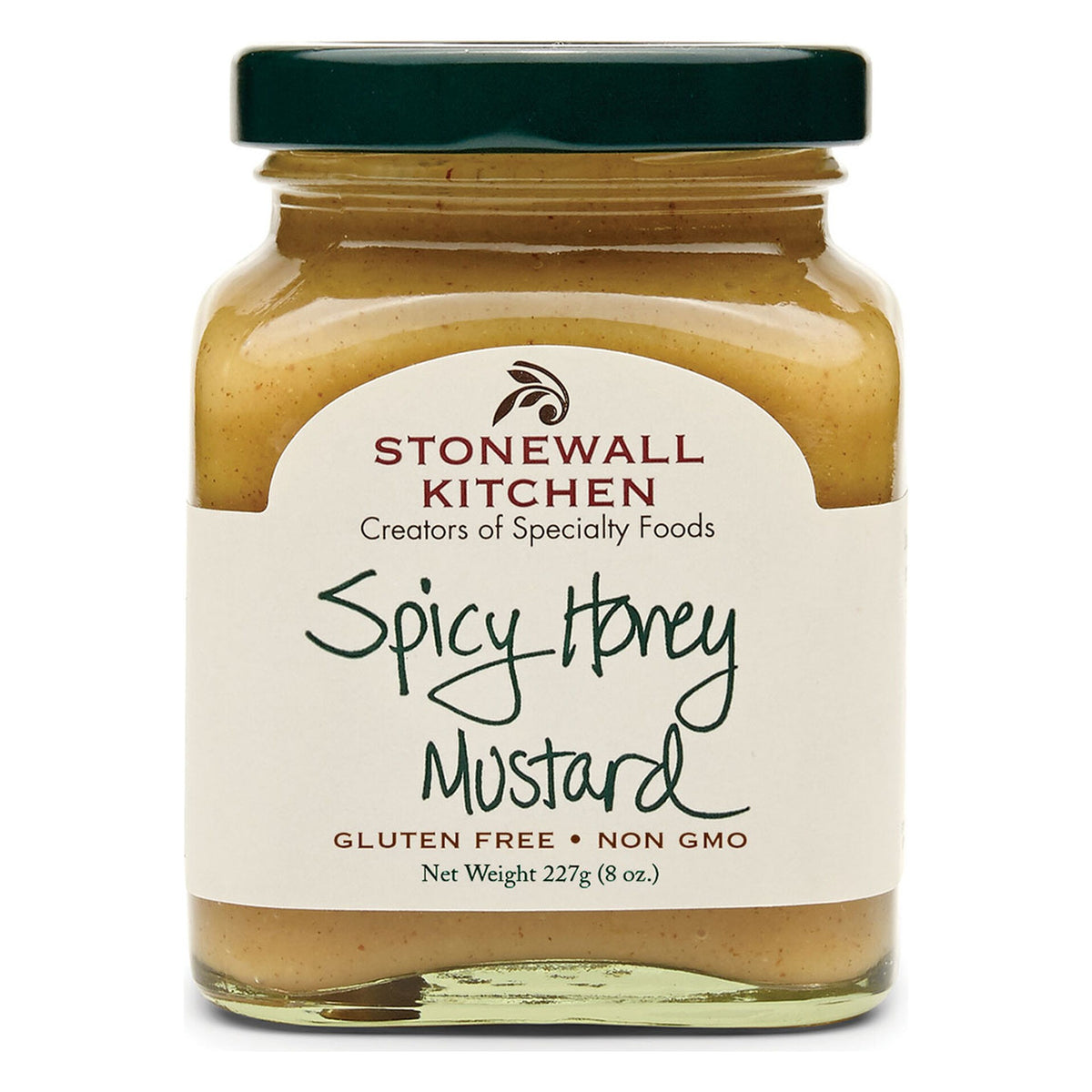Front of a Stonewall Kitchen Spicy Honey Mustard jar, 8 oz, in the label marked Gluten Free and Non GMO