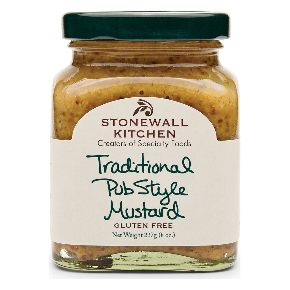 Front of a Stonewall Kitchen Traditional Pub Style Mustard jar, 8 oz, whole mustard seeds visible through the glass