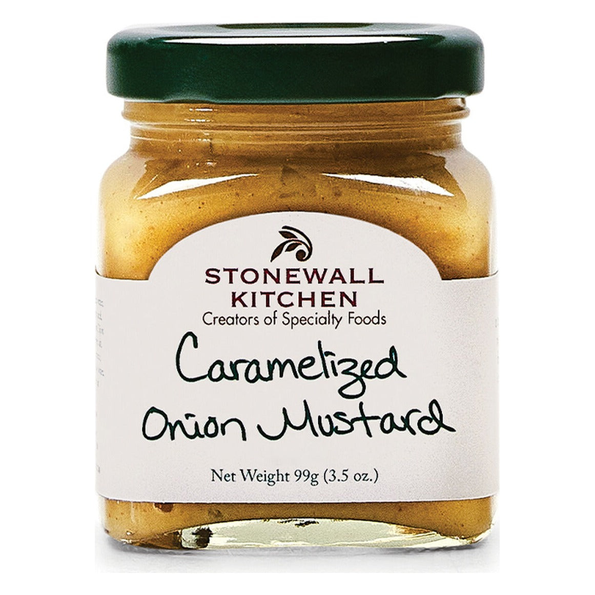 Stonewall Kitchen Caramelized Onion Mustard mini jar with green lid, front label