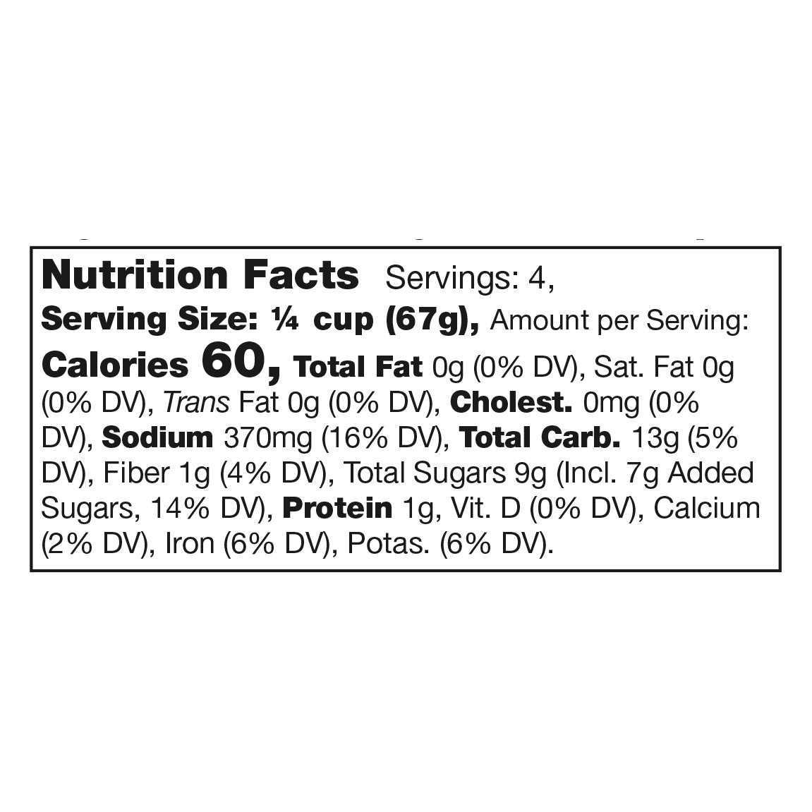 Nutrition Facts panel for Stonewall Kitchen New England Cocktail Sauce: 1/4 cup serving, 60 calories