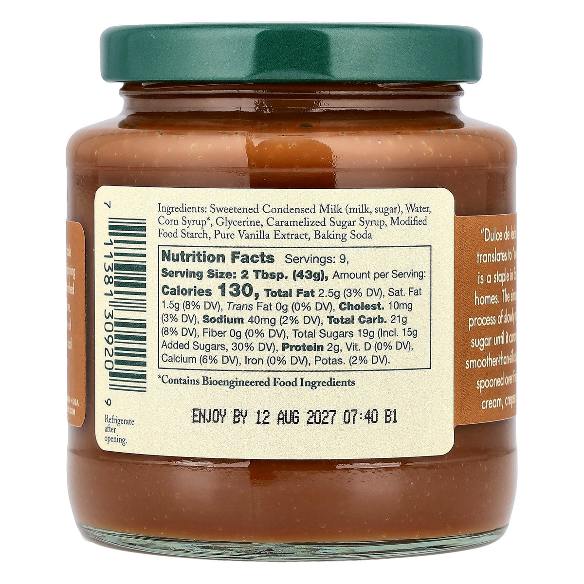 Back label of Stonewall Kitchen Dulce De Leche Sauce with ingredients, Nutrition Facts (2 Tbsp serving, 130 calories) and refrigerate-after-opening note