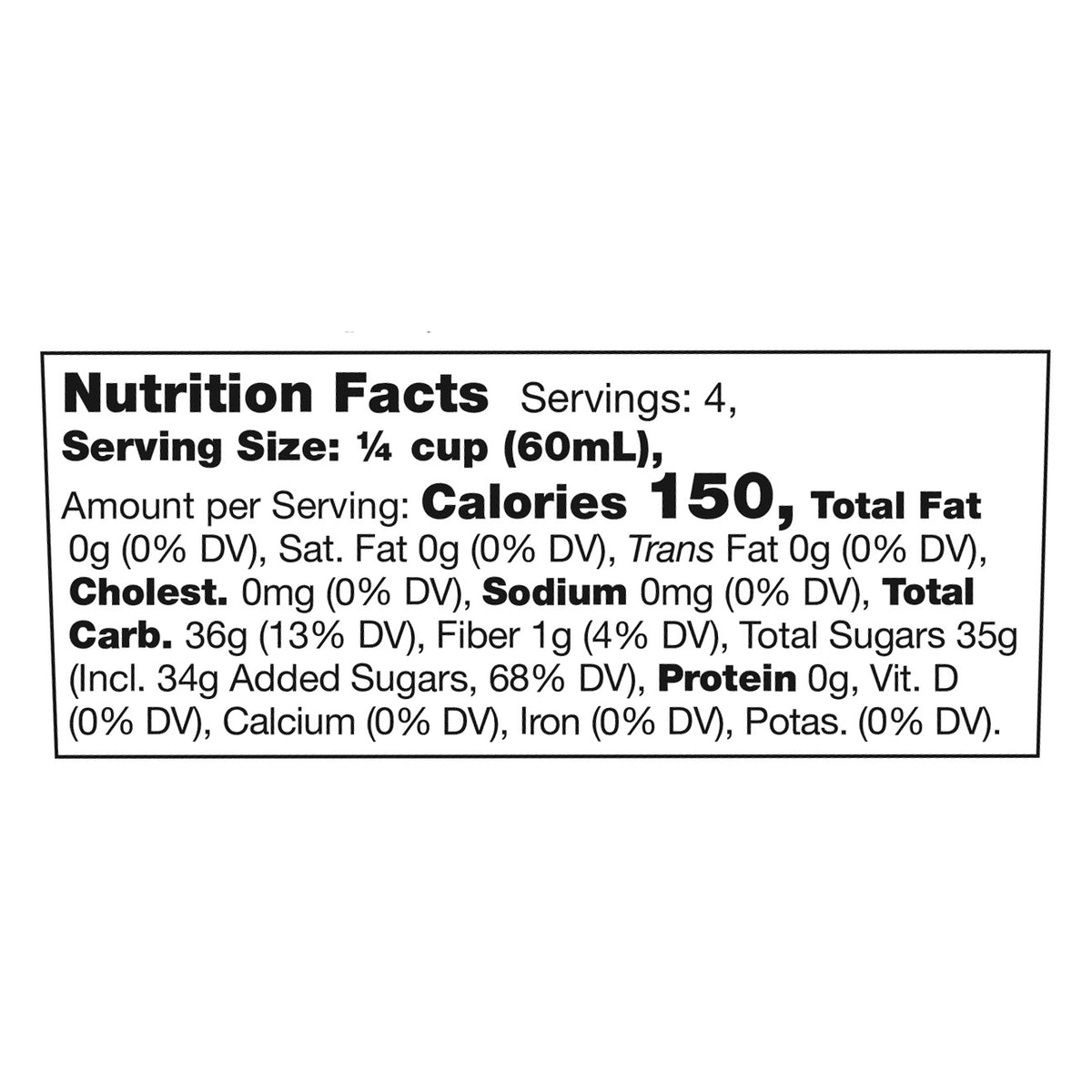 Nutrition Facts panel for Stonewall Kitchen Raspberry Syrup: 1/4 cup serving, 150 calories