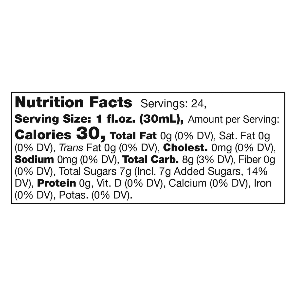 Nutrition Facts panel for Stonewall Kitchen Moscow Mule Mixer: 24 servings of 1 fl oz, 30 calories each