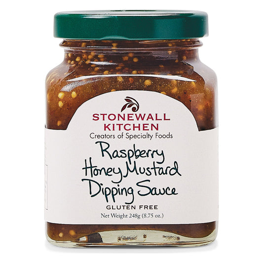 Stonewall Kitchen Raspberry Honey Mustard Dipping Sauce in the current 8.75 oz glass jar with visible mustard seeds