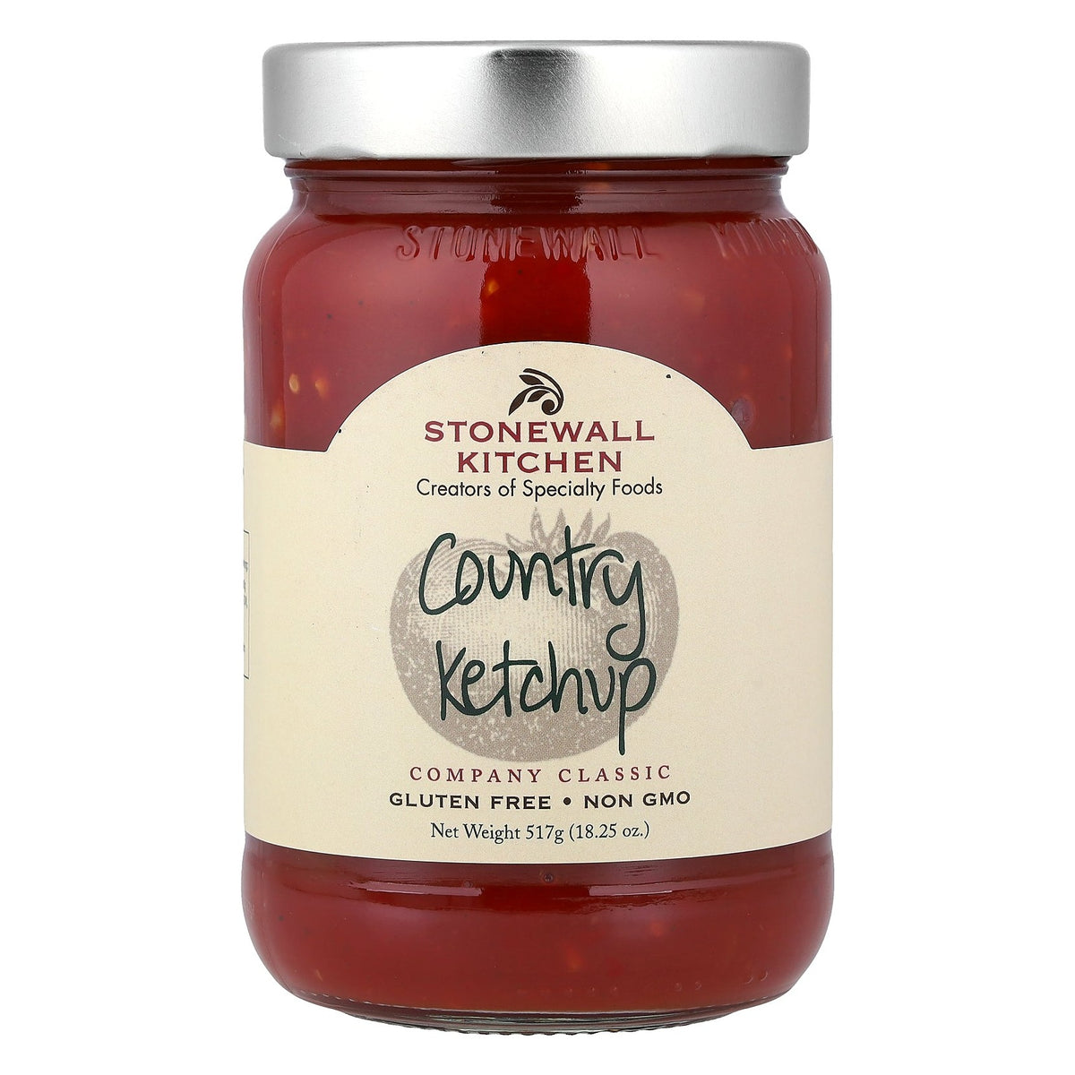 Stonewall Kitchen Country Ketchup 18.25 oz glass jar with silver lid, front label, showing pieces of tomato and pepper in the ketchup