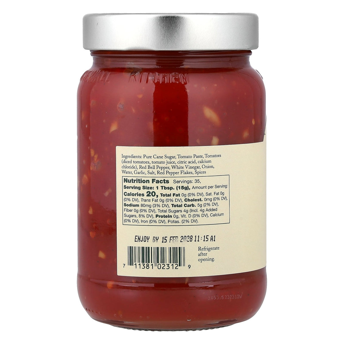 Back label of Stonewall Kitchen Country Ketchup with ingredients, Nutrition Facts (1 Tbsp serving, 20 calories) and refrigerate-after-opening note