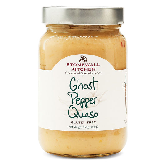 Stonewall Kitchen Ghost Pepper Queso 16 oz glass jar with silver lid, front label