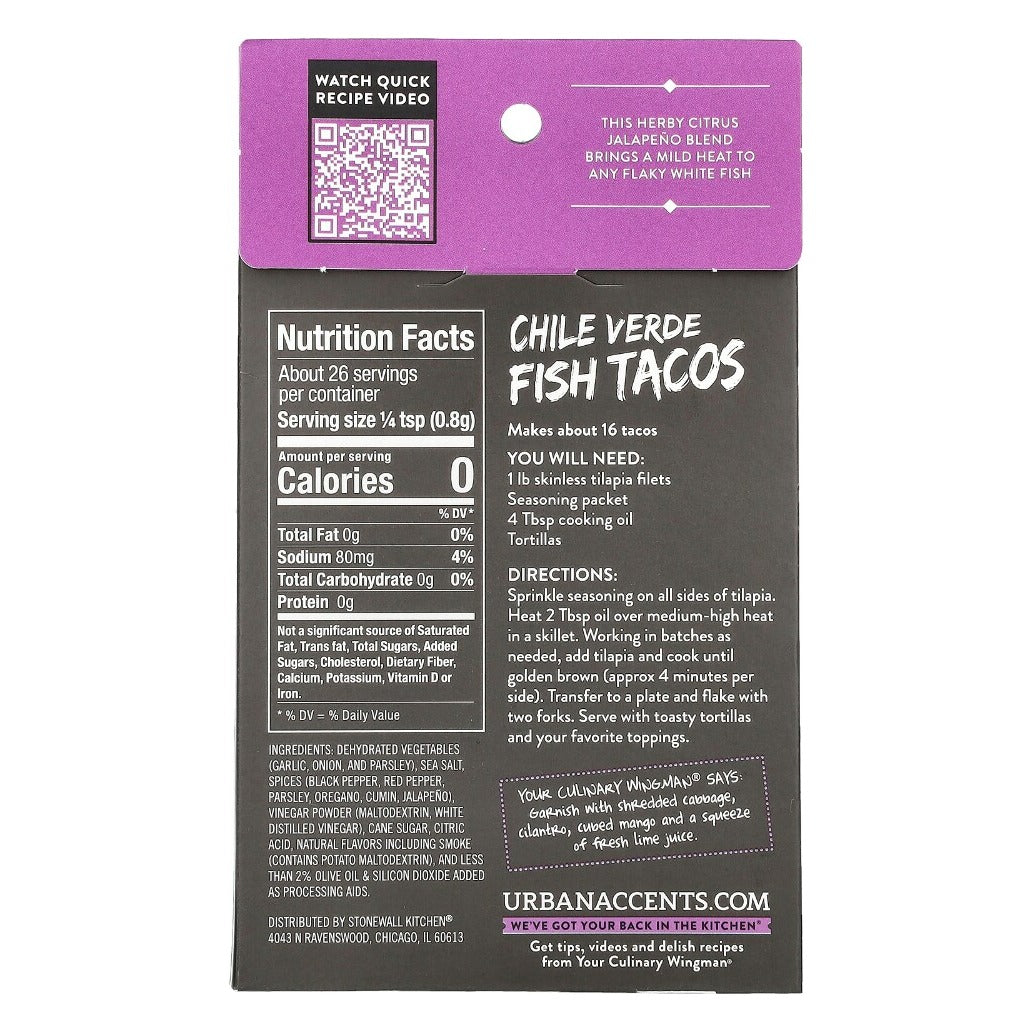 Back of the Urban Accents Chile Verde Fish Tacos Seasoning Mix carton with Nutrition Facts, ingredients and tilapia taco directions