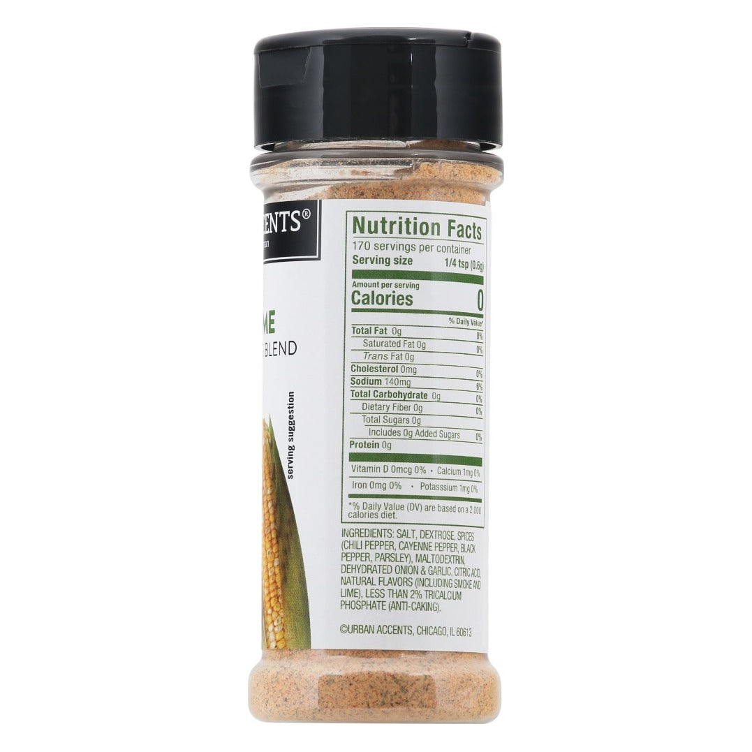 Side of the Urban Accents Spicy Chili Lime Corn on the Cob Seasoning jar showing the Nutrition Facts panel and ingredient list
