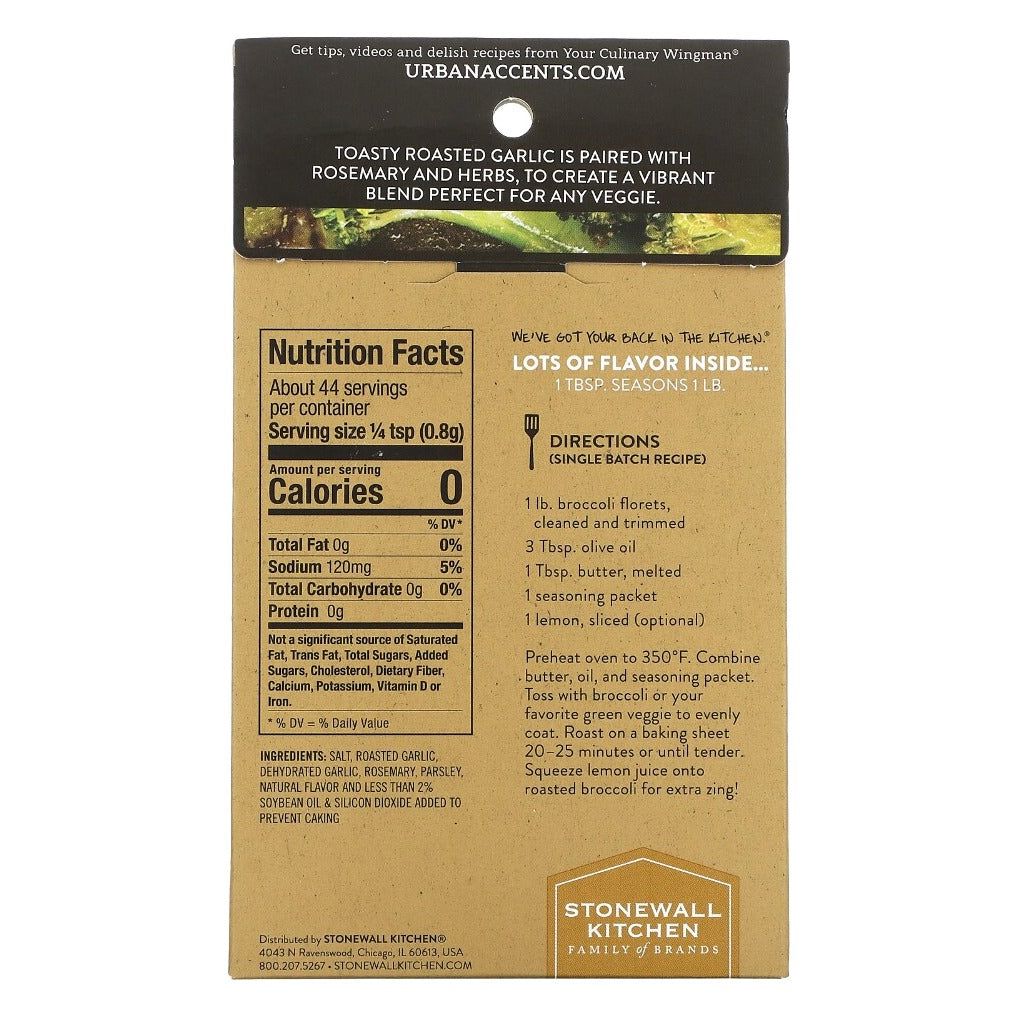 Back of the Urban Accents Roasted Garlic & Rosemary Veggie Roaster carton with Nutrition Facts, ingredients and roasted broccoli directions