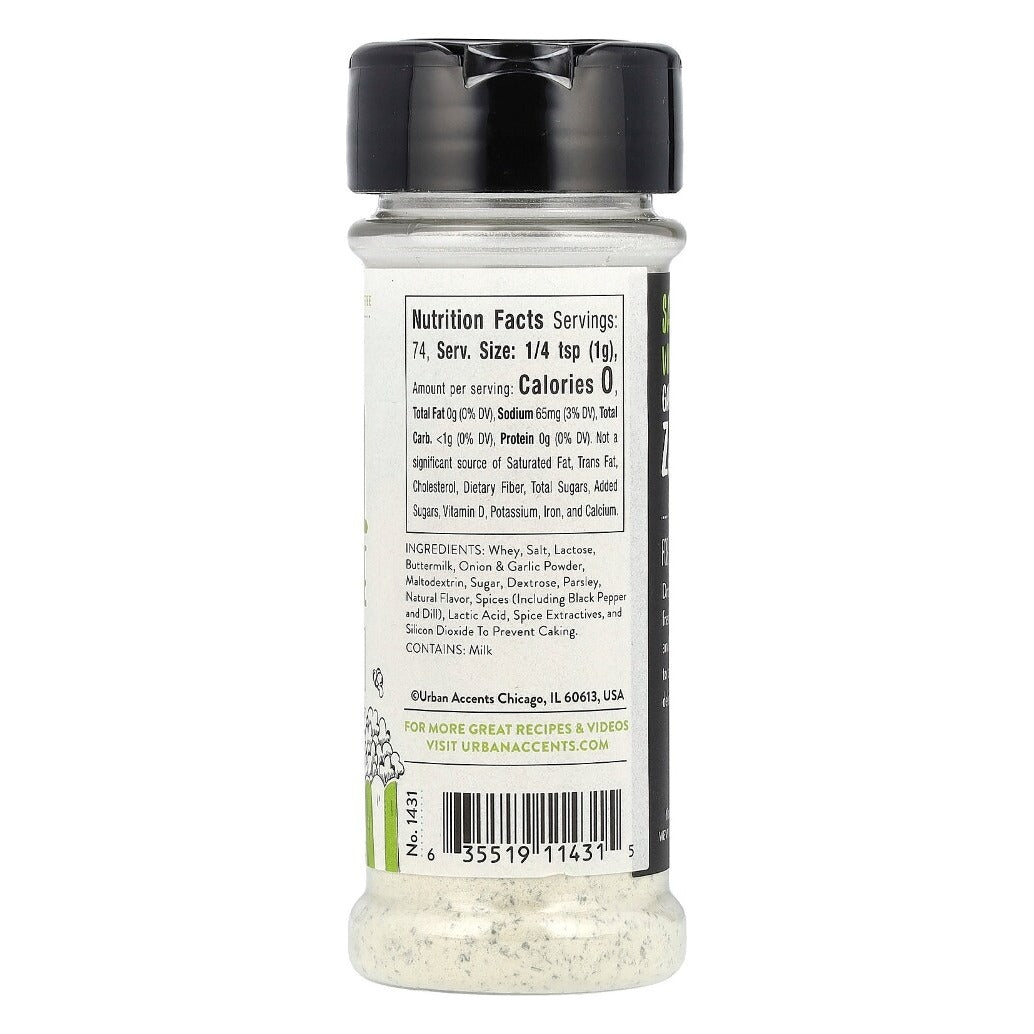 Back label of Urban Accents Tangy Dill Pickle Popcorn Seasoning jar showing Nutrition Facts, ingredients and milk allergen statement