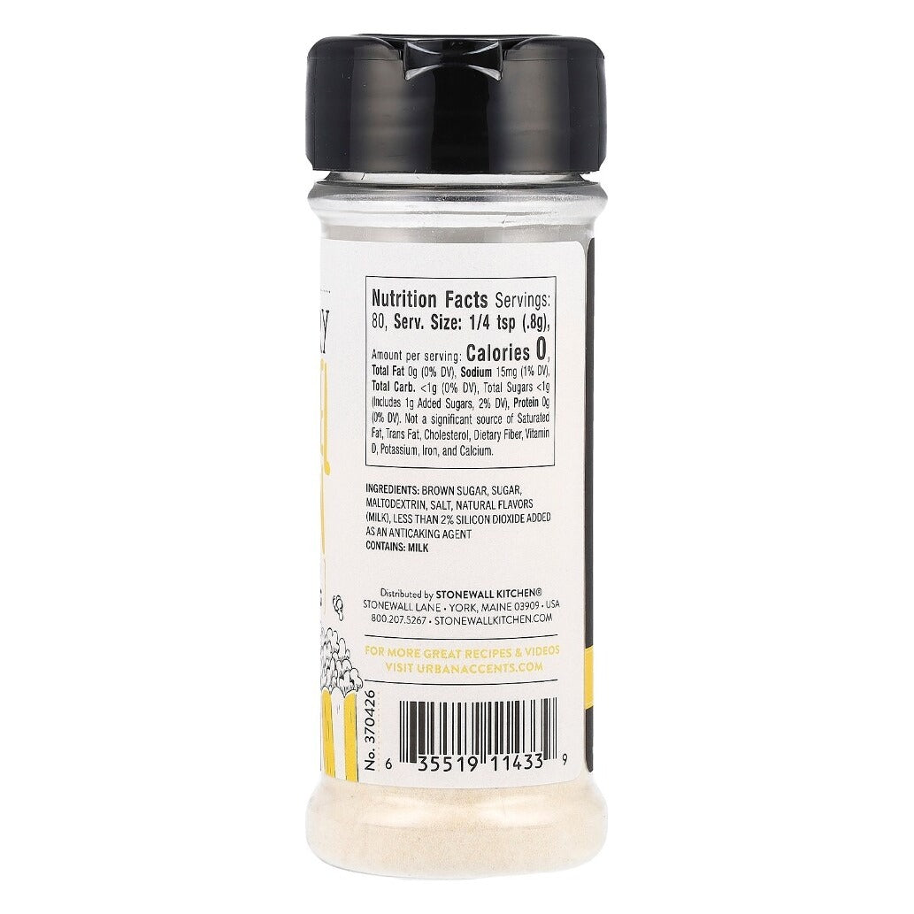 Back label of Urban Accents Buttery Caramel Corn Popcorn Seasoning jar showing Nutrition Facts, ingredients, milk allergen statement and item number 370426