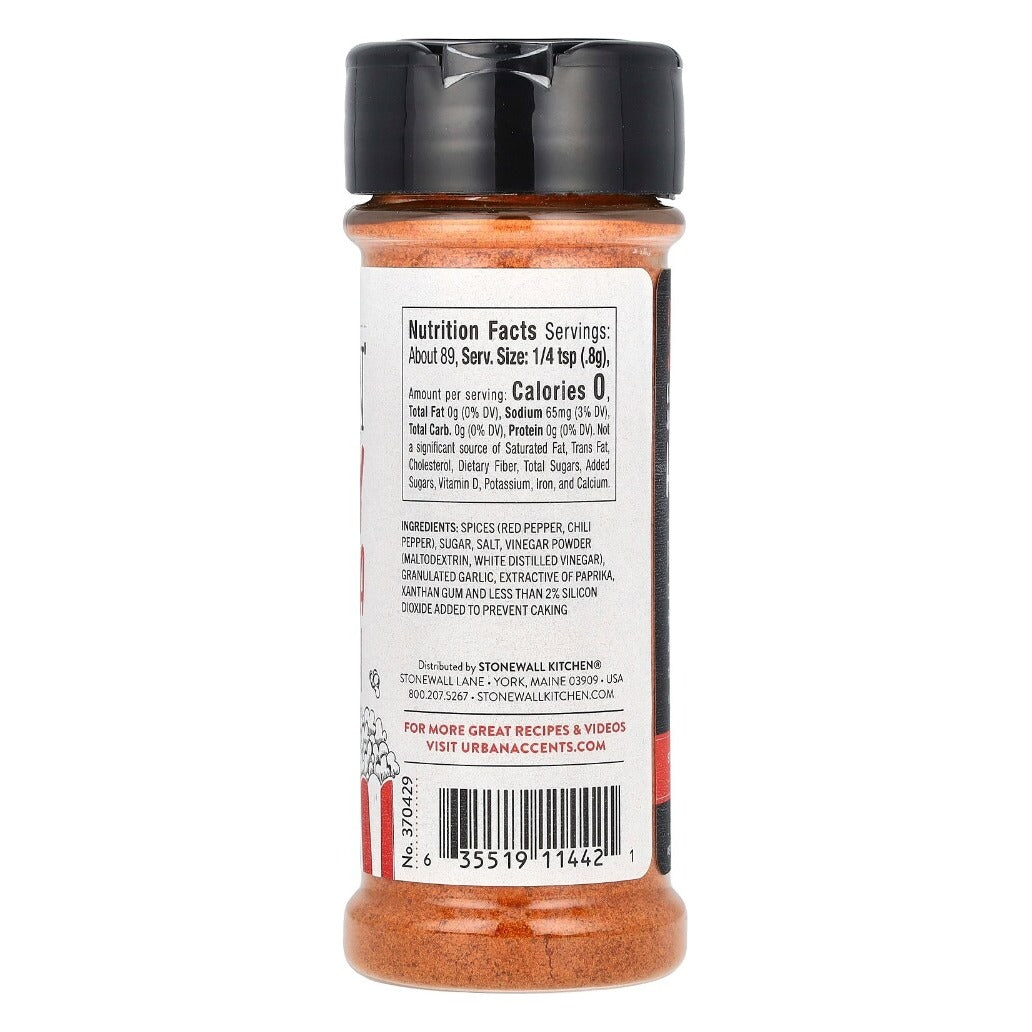 Back label of Urban Accents Sizzlin' Spicy Sriracha Popcorn Seasoning jar showing Nutrition Facts, ingredients and item number 370429