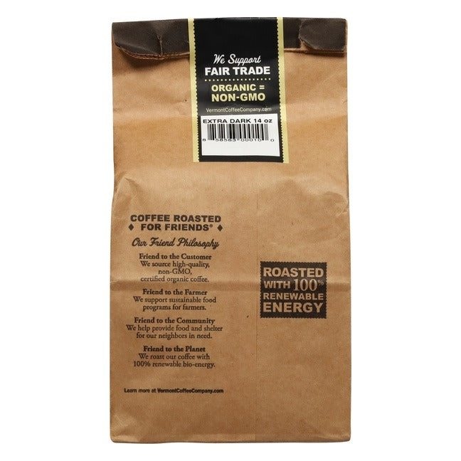 Back of the Vermont Coffee Company Organic Extra Dark 14 oz whole bean bag, with the black EXTRA DARK 14 oz barcode label and the Coffee Roasted for Friends panel