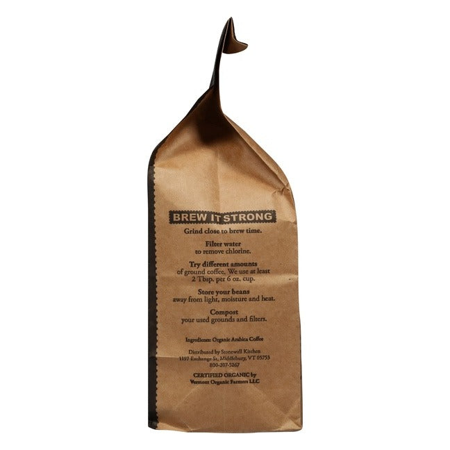 Side panel of the Vermont Coffee Company Extra Dark bag with Brew It Strong brewing tips, the organic arabica coffee ingredient line and the organic certifier
