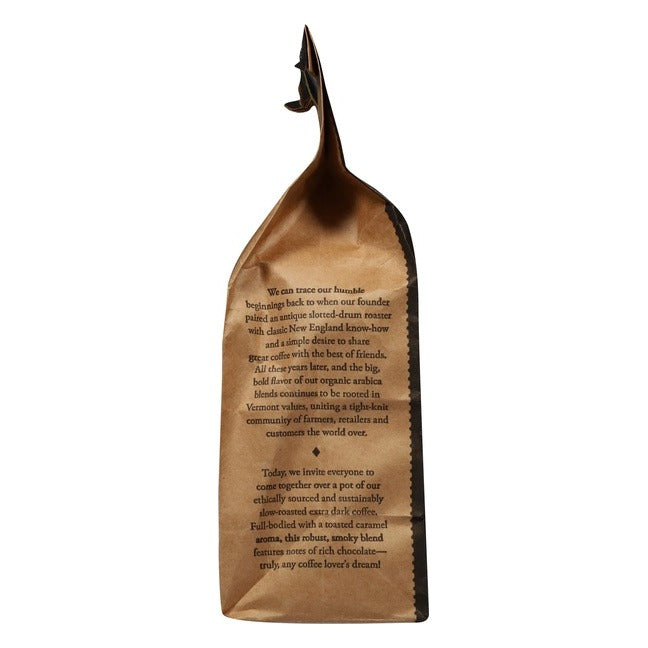 Opposite side panel of the Vermont Coffee Company Extra Dark bag printed with the brand's roasting history and a note on the extra dark roast
