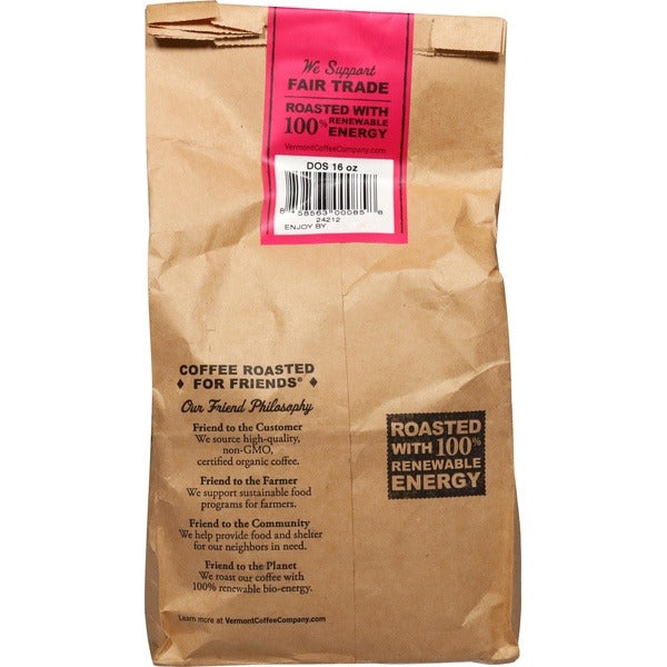 Back of the Vermont Coffee Company Organic Dos Caribbean 16 oz whole bean bag, with the pink DOS 16 oz barcode label and the Coffee Roasted for Friends panel