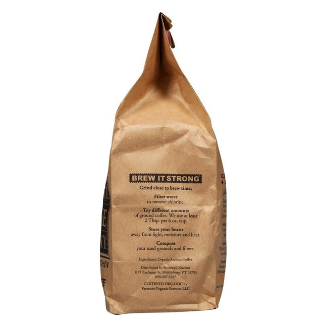 Side panel of the Vermont Coffee Company Dos Caribbean bag with Brew It Strong brewing tips, the organic arabica coffee ingredient line and the organic certifier