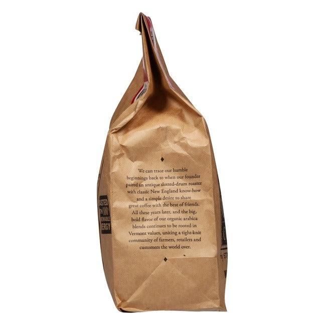 Opposite side panel of the Vermont Coffee Company Dos Caribbean kraft paper bag printed with the brand's roasting history