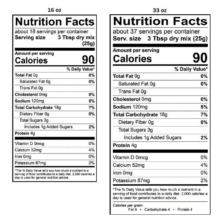 Nutrition Facts for Stonewall Kitchen Traditional Crepe Mix side by side for the 16 oz can (about 18 servings) and the 33 oz can (about 37 servings)