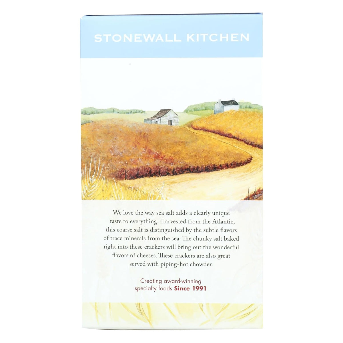 Back of the Stonewall Kitchen Sea Salt Crackers box with a painted farm landscape and a short note about the Atlantic sea salt