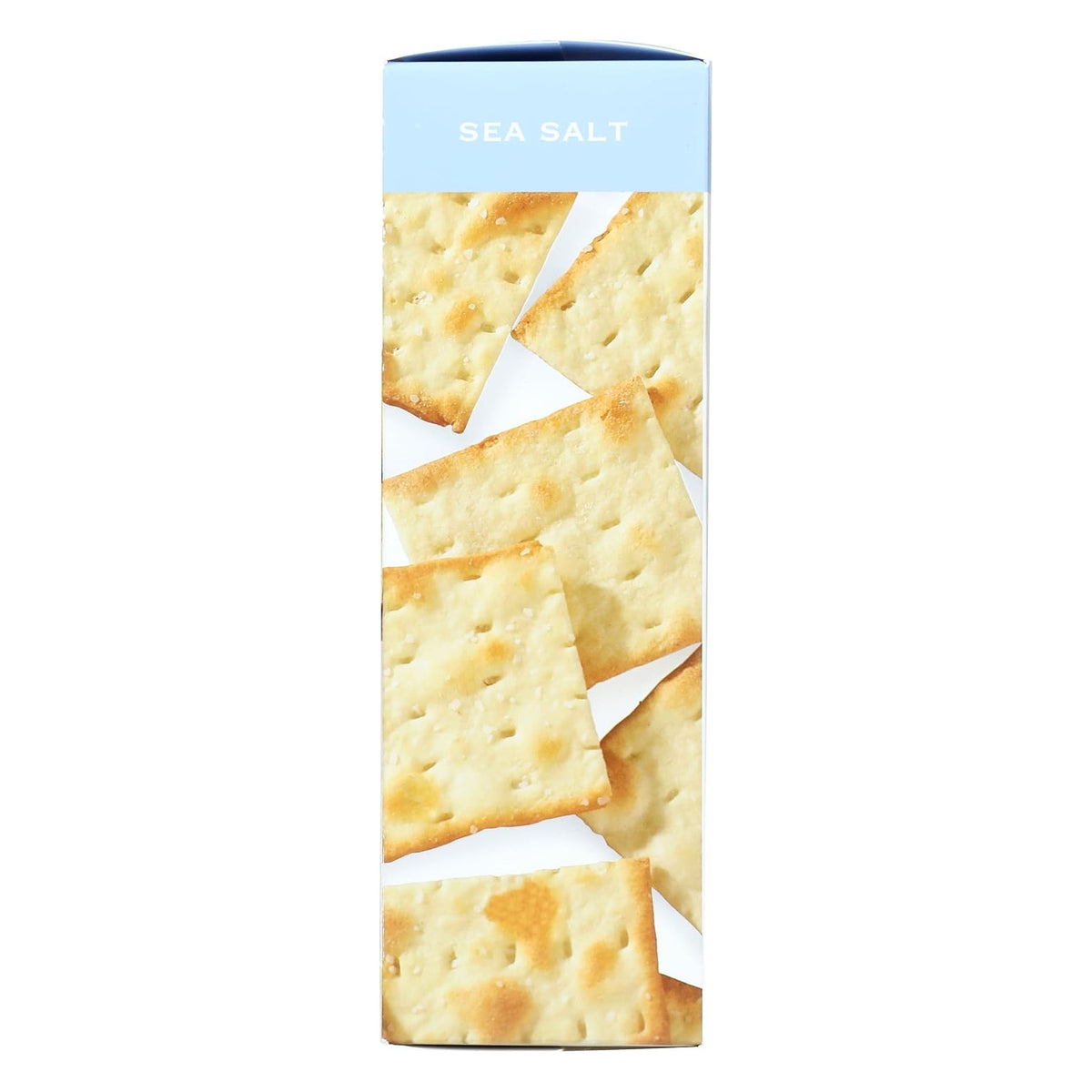 Side panel of the Stonewall Kitchen Sea Salt Crackers box printed with a photo of square crackers