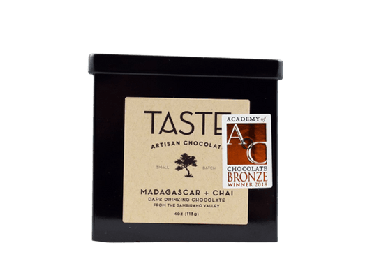 Taste Artisan Chocolate Madagascar 58% Dark Milk Chocolate + Chai Drinking Chocolate 4 oz Tin