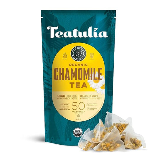 Teatulia Organic Teas Chamomile Herbal Tea - 50ct, Bulk Premium Pyramid Tea Bags