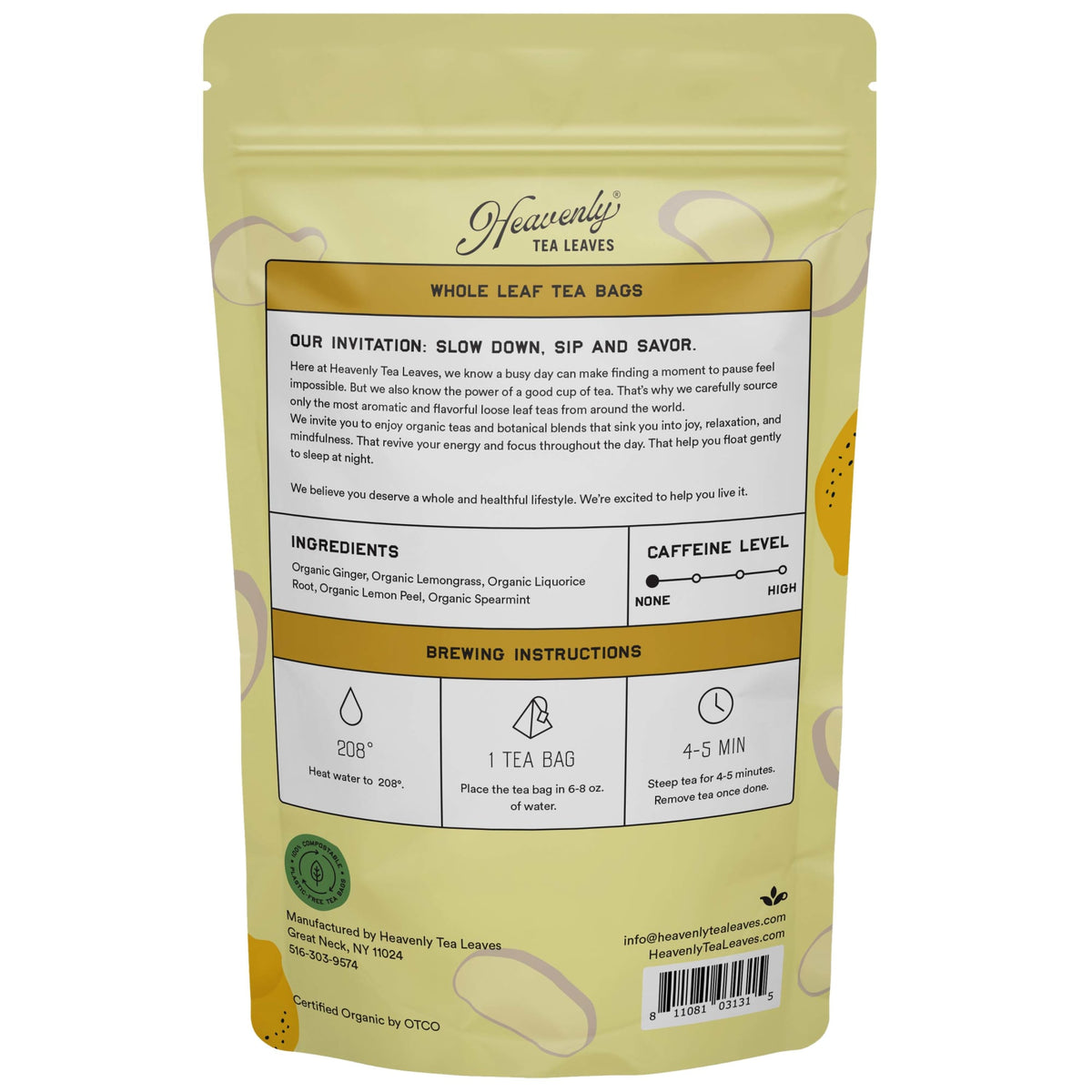 Heavenly Tea Leaves Organic Lemon Ginger, Bulk Compostable Pyramid Tea Bags, 50 Count HLH501-BS