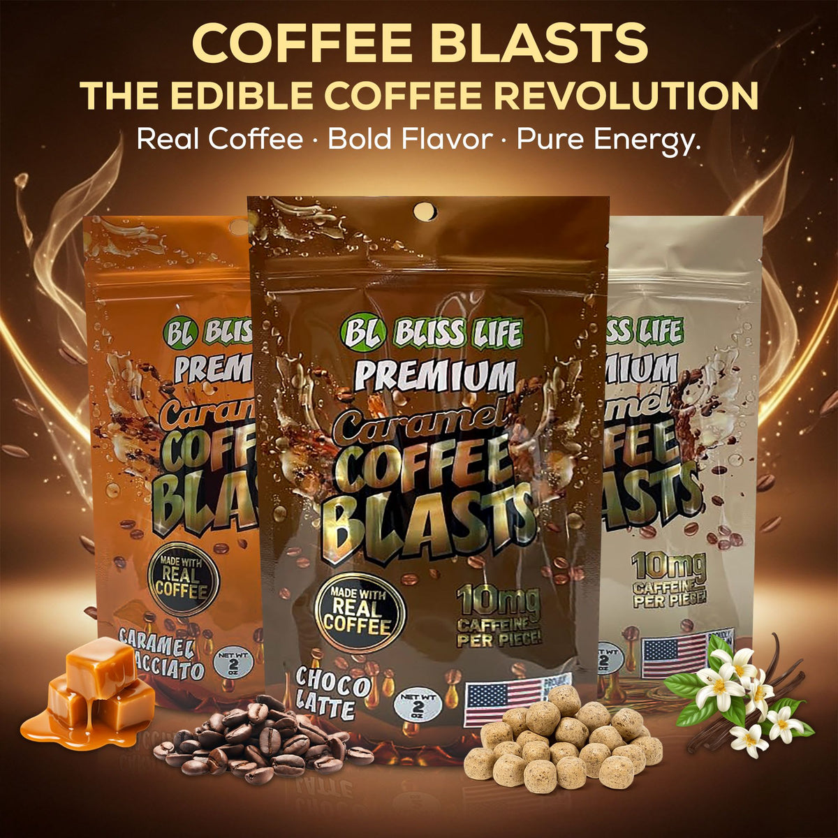 Caramel Coffee Blasts - Made with REAL Coffee - 10mg per piece 20ctchocolatte