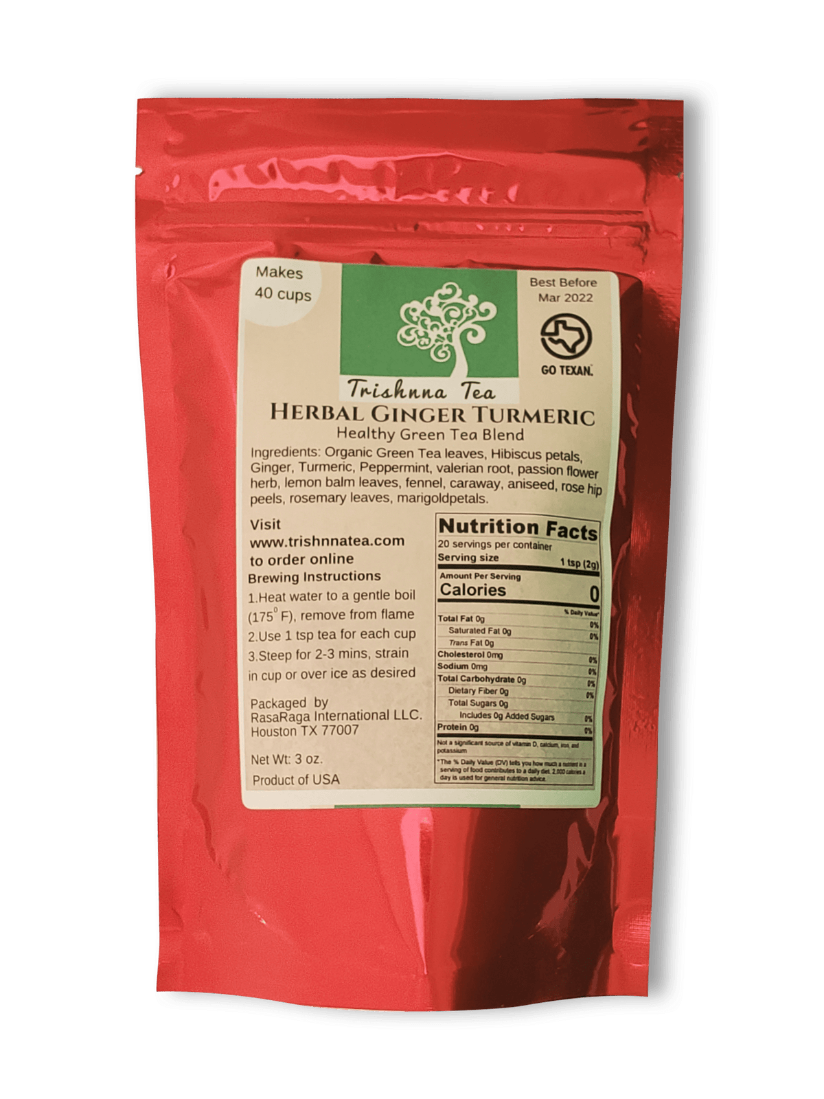 Trishnna Tea Loose Tea - 3 oz, Herbal Ginger Turmeric Green Tea