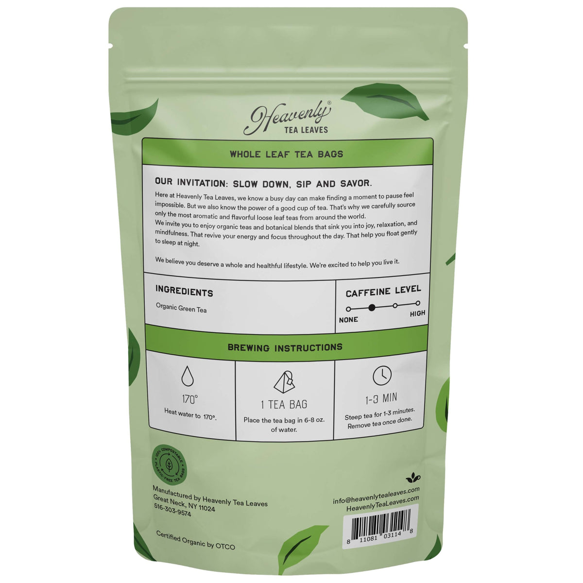 Heavenly Tea Leaves Organic Jasmine Green, Bulk Compostable Pyramid Tea Bags, 50 Count HANG001-BS