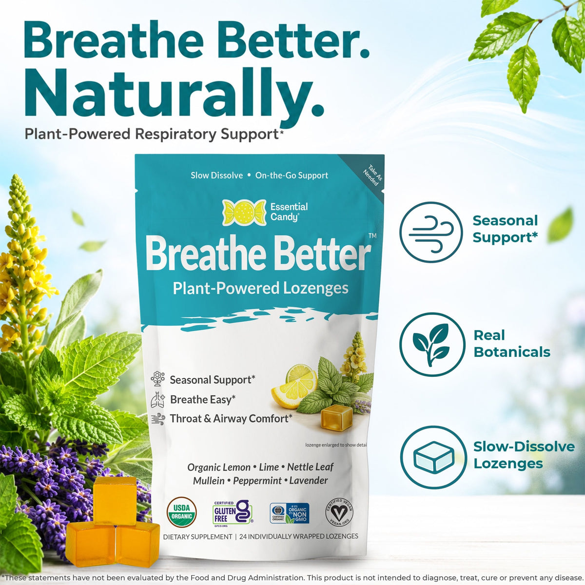 Breathe Better Organic Botanical Lozenges – Seasonal Allergy & Breathing Support – Lemon, Lime, Peppermint, Lavender, Nettle Leaf, Mullein – Gluten-Free, Non-GMO, Vegan* ECSBC002 - 4